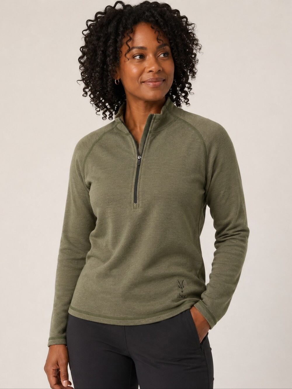 Ibex Women's Merino Wool Olive Green Quater-Zip Pullover Sweater